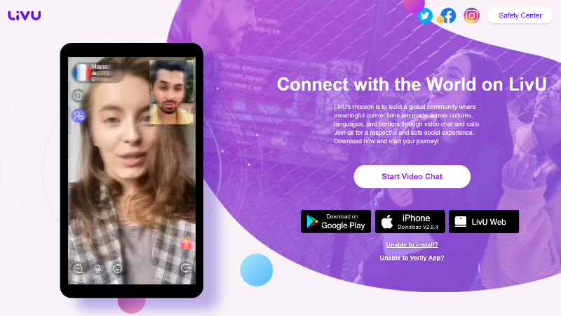 LivU chat de vídeo internacional com suporte multilíngue e filtros ao vivo.