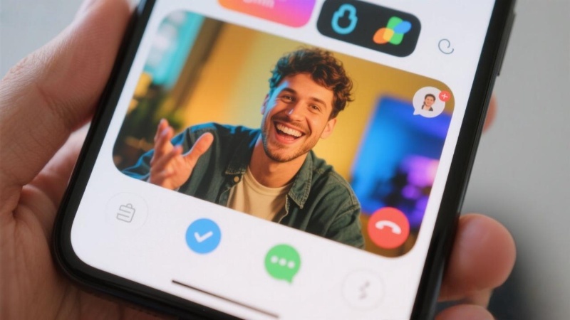 Duas pessoas em uma chamada de vídeo 1v1 com interface simples.