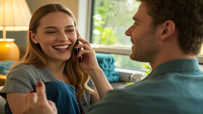 Two people enjoying a cozy 1v1 video call, smiling and sharing a meaningful conversation on their smartphones.