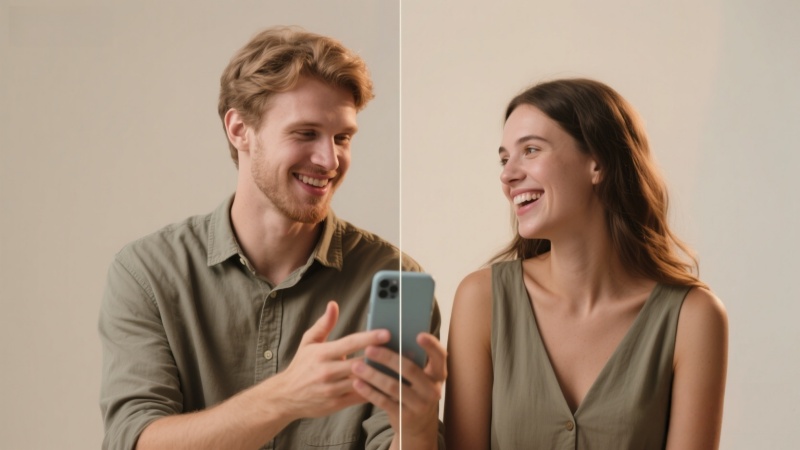 Two people smiling and talking on a split-screen video chat.