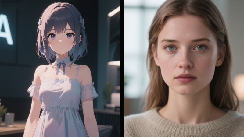 Chatting with AI waifu or real girlfriend, photorealistic, close-up.