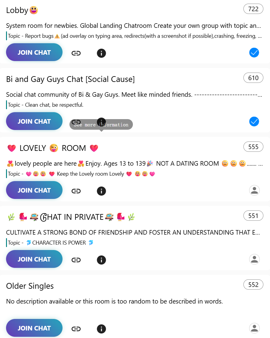 Clean and intuitive chat interface highlighting easy access to Y99 chat rooms.