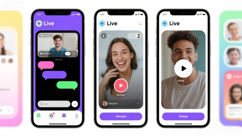 Diferentes aplicaciones de chat por video en vivo mostradas en pantallas de móviles.