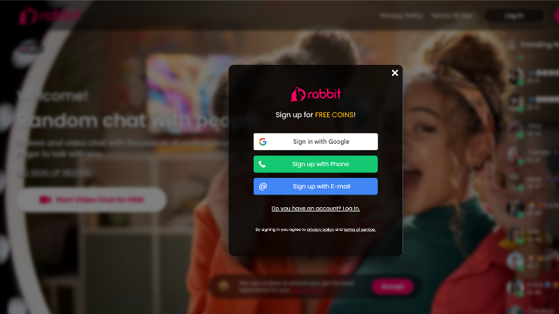 Enjoy multiple login options including Google, Phone, and Email for easy access to Rabbit Video Chat.