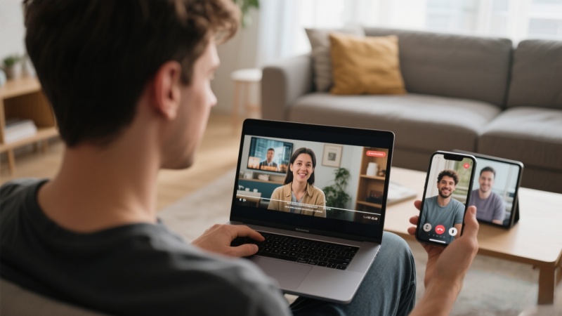 User streaming shows on multiple devices while chatting live with a friend