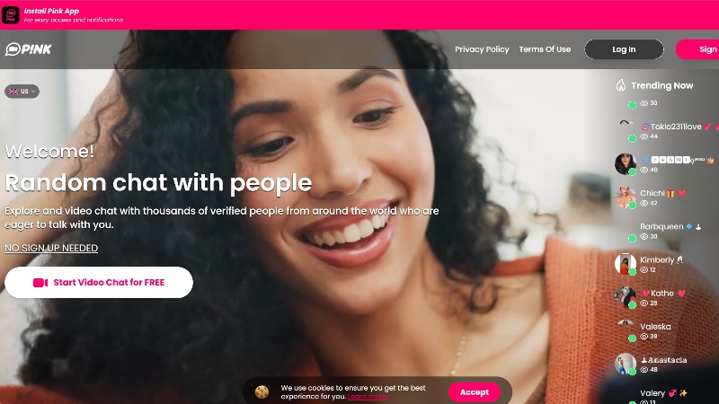 Pink Video Chat’s black and pink website design
