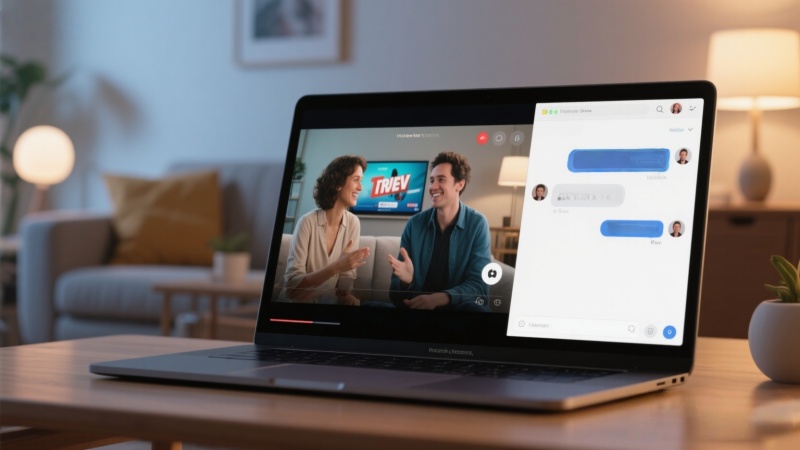 Laptop streaming a show with a live 1v1 video chat sidebar in a modern home.