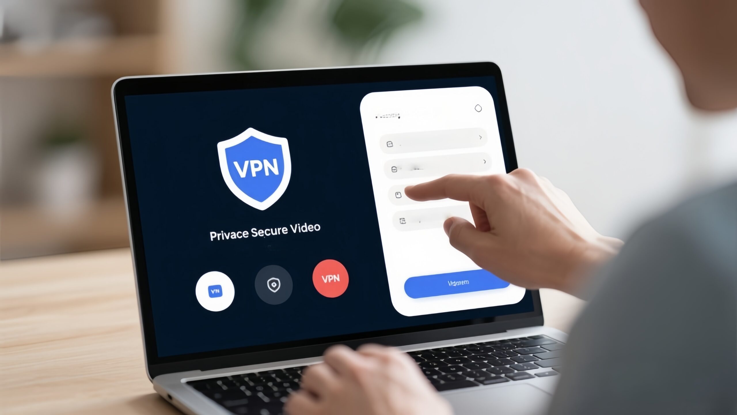 User securing a video chat session with privacy tools like VPN and encryption.