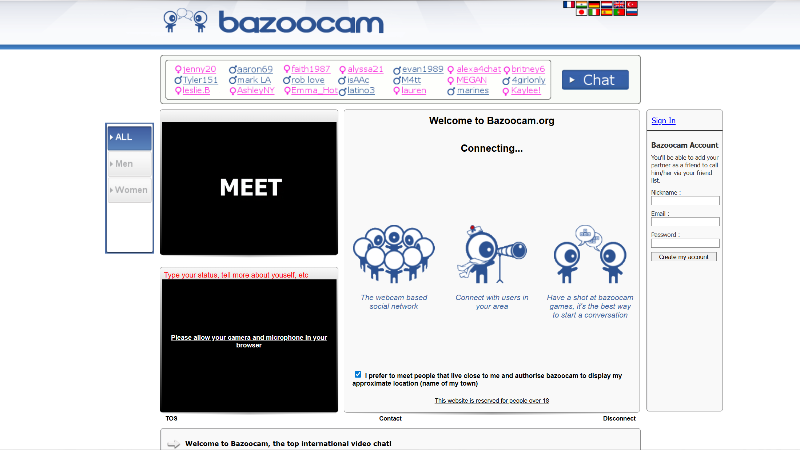 Bazoocam रैंडम वीडियो चैट प्लेटफॉर्म बहु-भाषा समर्थन और तेज़ कनेक्शन के साथ