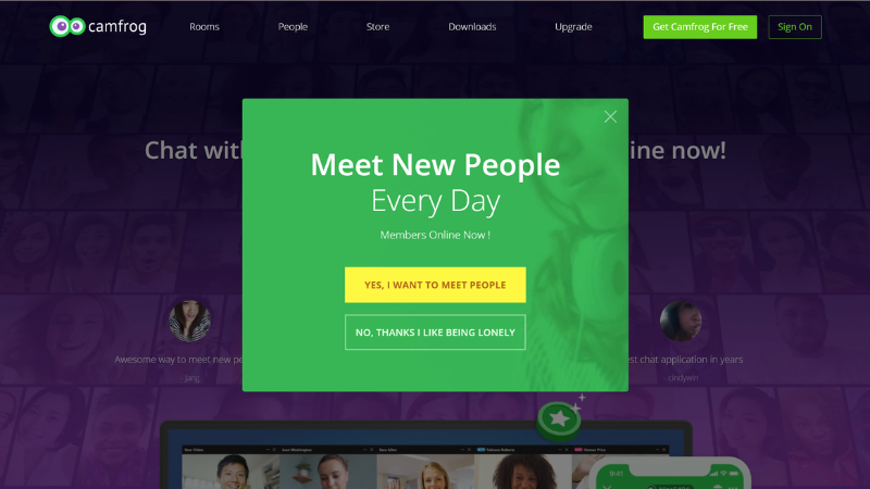 Pop-up oferecendo conhecer novas pessoas, com opções para continuar ou permanecer no site.