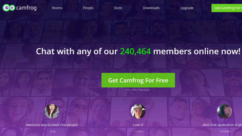 Contador de usuários ao vivo e botão 'Obtenha o Camfrog Gratuitamente' com estatísticas de download.
