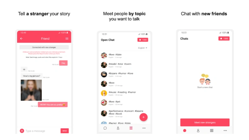 Chats globales anónimos sin almacenamiento de datos.