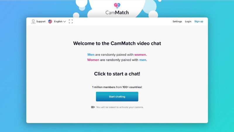 CamMatch home screen with a cool blue and mild green color scheme for easy access.