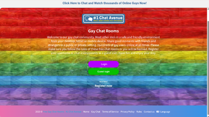 Página principal de la sala de chat gay con colores arcoíris fácilmente reconocibles.
