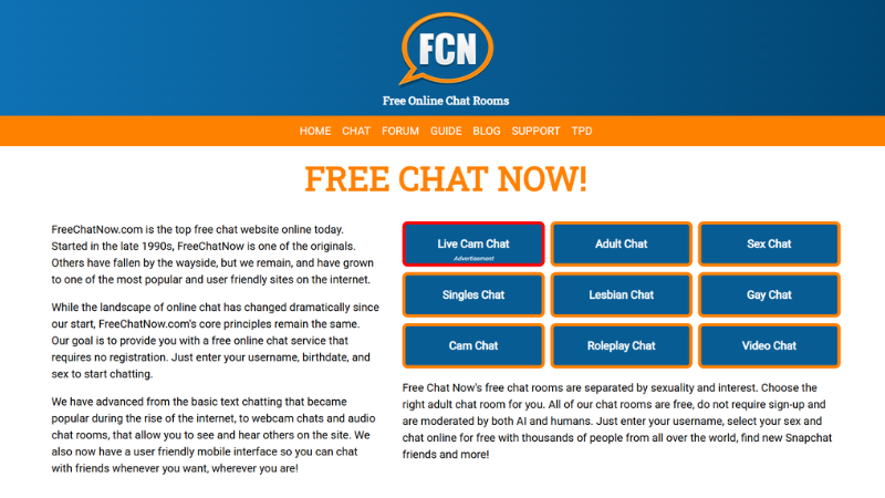 FreeChatNow चैट एवी प्लेटफॉर्म वेबकैम और माइक समर्थन के साथ गुमनाम चैट रूम के लिए