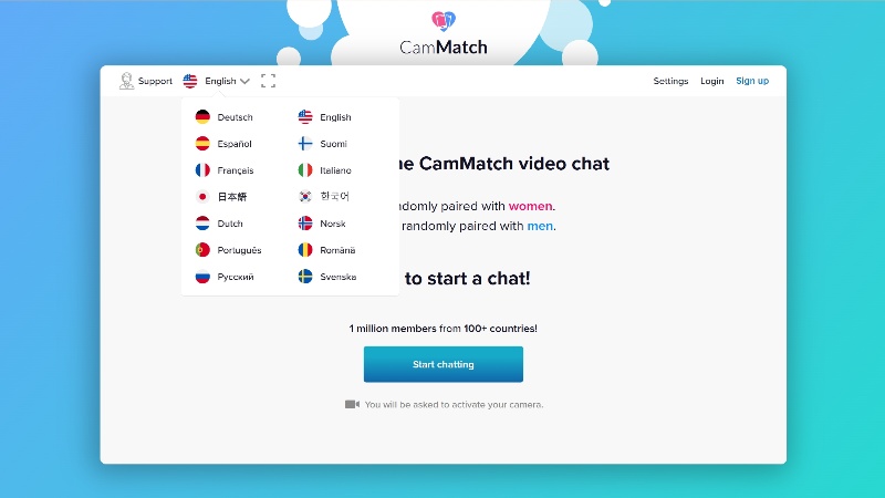 CamMatch prompts users to select their language preferences for real-time translation.