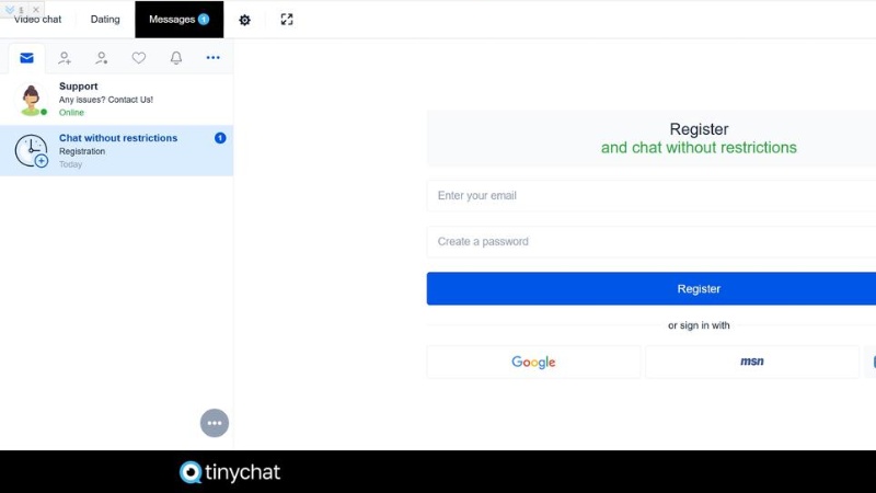Sign in with Google, MSN, or Email to easily access TinyChat.