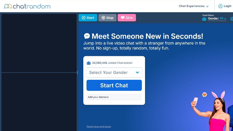 Chatrandom platform offering random video chats and themed rooms for fast-paced interactions
