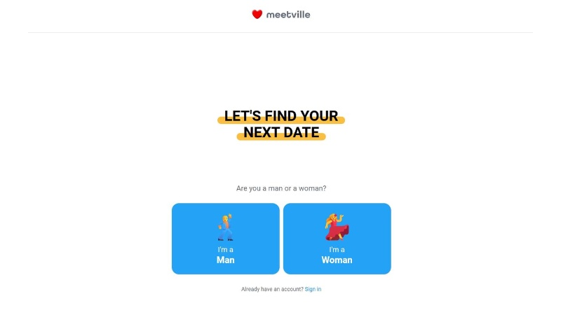 Meetville login page on desktop and mobile, showing easy signup and quick profile access.